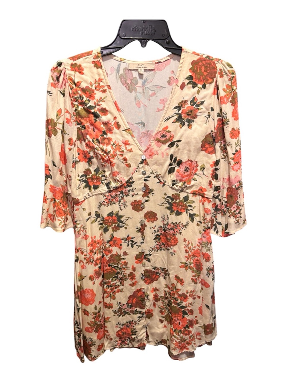 Chelsea & Violet Cream Floral V-Neck Tunic with Coral Accents